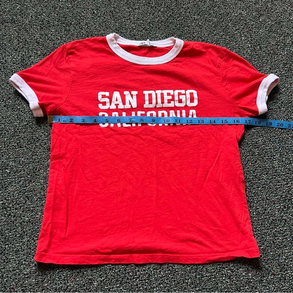 ZARA Red & White Varsity Baseball Graphic Short-Sleeve Ringer T-Shirt Shirt sz M - Picture 9 of 16